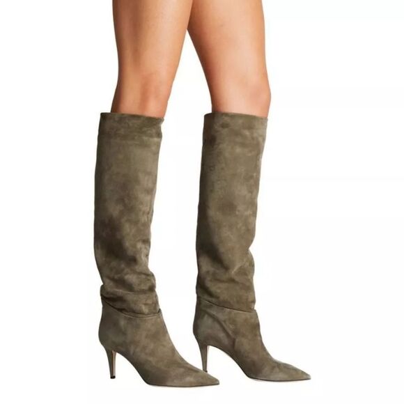 Tamara Mellon Icon 75 Knee High Nappa Suede Heeled Slouch Boot in Moss Gray - Picture 13 of 14